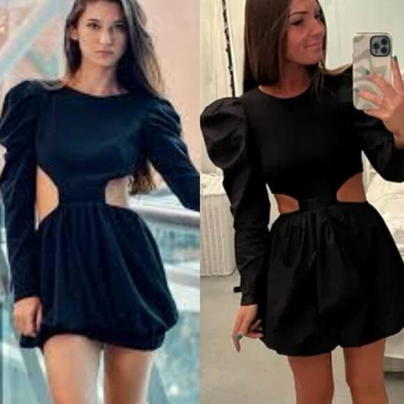 Zara Black Puff Sleeve Side Cut Out Bubble Skirt Mini Dress Size Medium - Picture 11 of 11